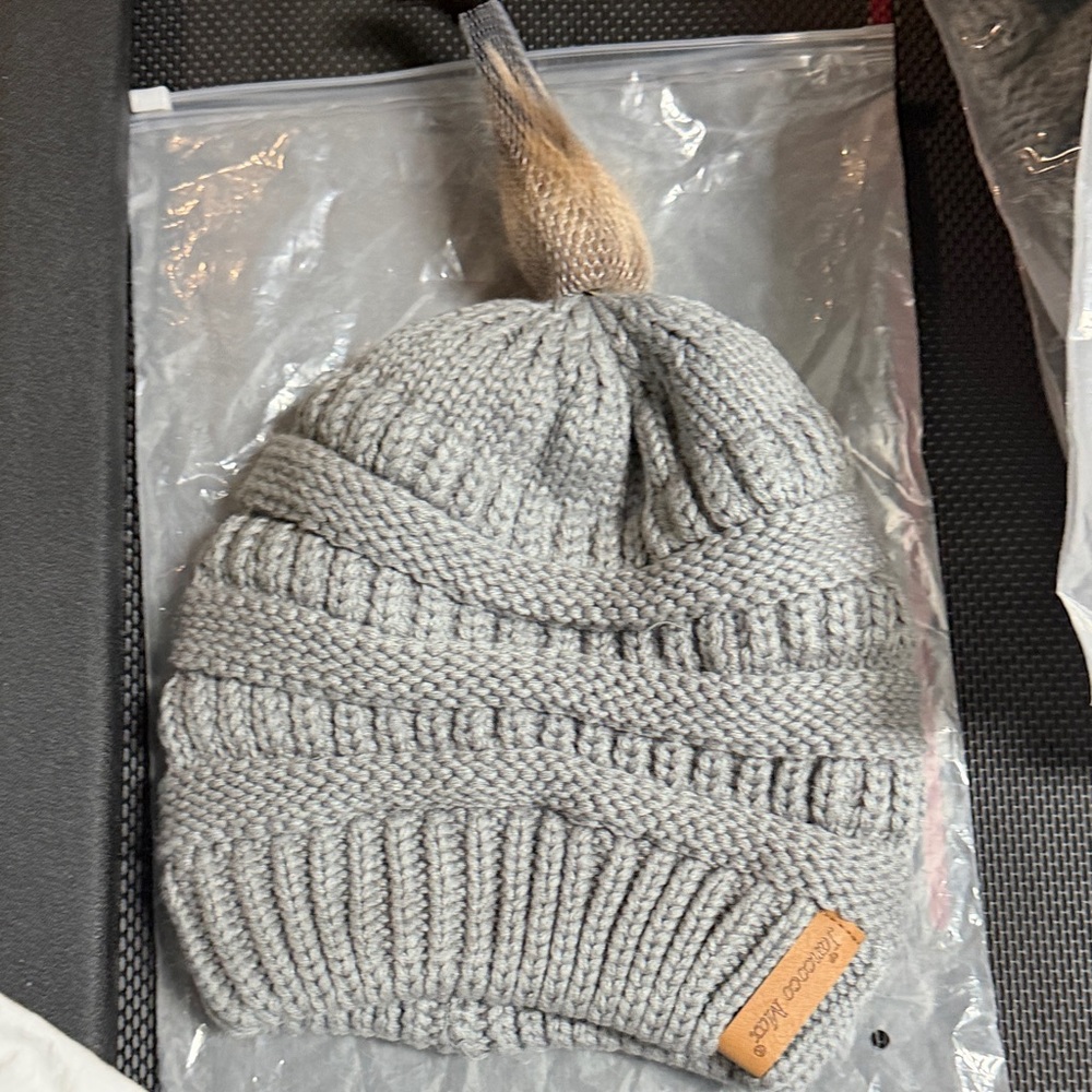 Gray Knit Beanie with Faux Fur Pom